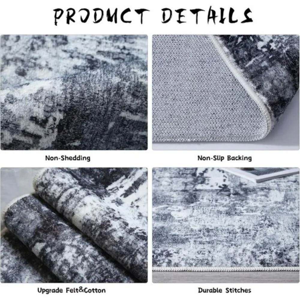 New 5x7 Washable Area Rug, Soft Faux Wool Non-Slip Carpet in Grey and Black
